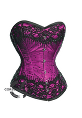 Purple Satin Black Sequins Gothic Burlesque Bustier Waist Training Overbust Corset Costume